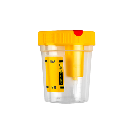 [25014] Urine container with paper label with aspiration system for vacuum tubes (120 ml), produced in cleanroom ISO 8, in bulk